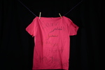 UNI Clothesline Project T-Shirt, 2023 [Pink, Photo 066b, Back] by University of Northern Iowa. Rod Library.