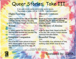 Queer Stories: Take III film series [flier] by University of Northern Iowa. Gender & Sexuality Services, UNI Proud.