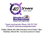 WGS 40 Years 1977-2017 Logo with Contact and Date by University of Northern Iowa. Women's and Gender Studies Program.